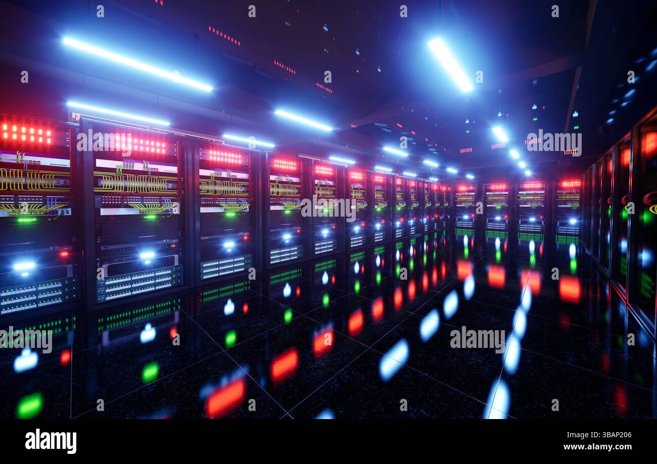 Infrastruttura di rete della sala server, data center, rack server, cavi di rete Foto Stock
