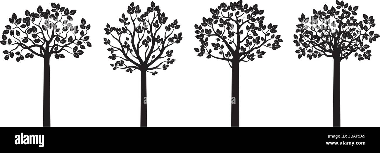 Impostare alberi neri su sfondo bianco. Illustrazione Vettoriale