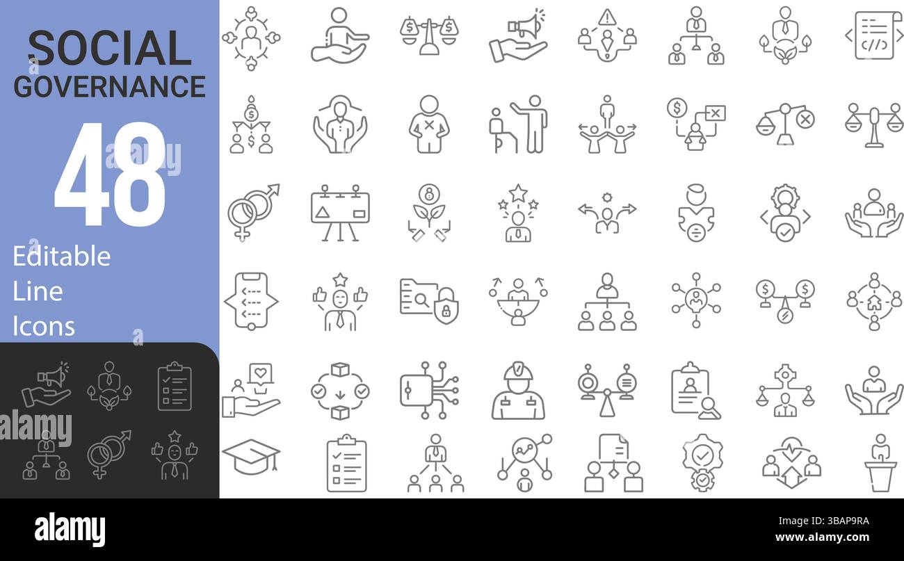 Raccolta di icone Modern Editable Thin Line Style Social Governance e Public Administration Set Related Ordering, Consciousness, Regulation Illustrazione Vettoriale