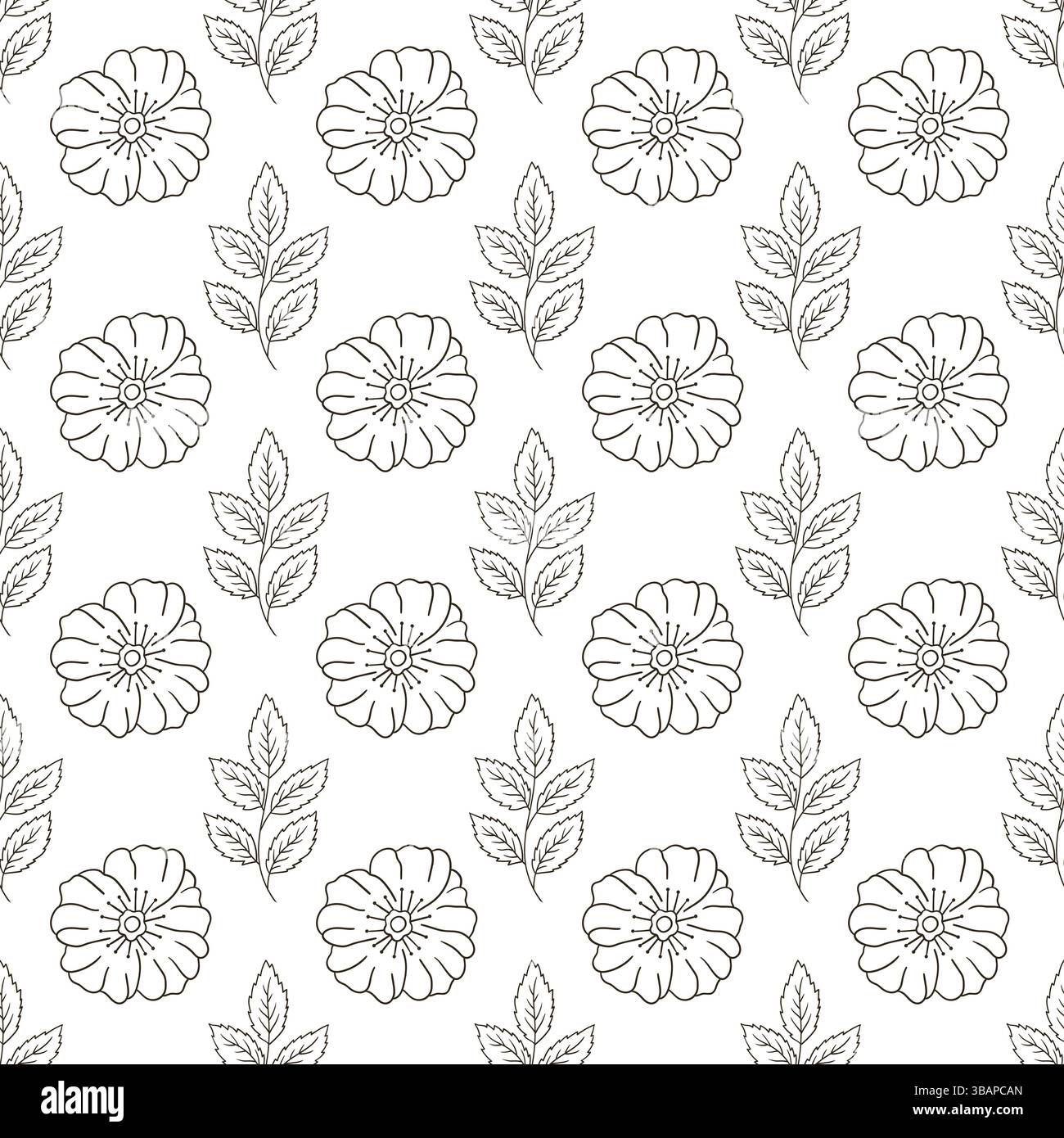 Rosehip. Modello per tessuti o cucine in stile disegno a mano. Motivo floreale monocromatico. Stampa per design, tessuto, tessuto, carta da parati, carta da imballaggio, d Illustrazione Vettoriale