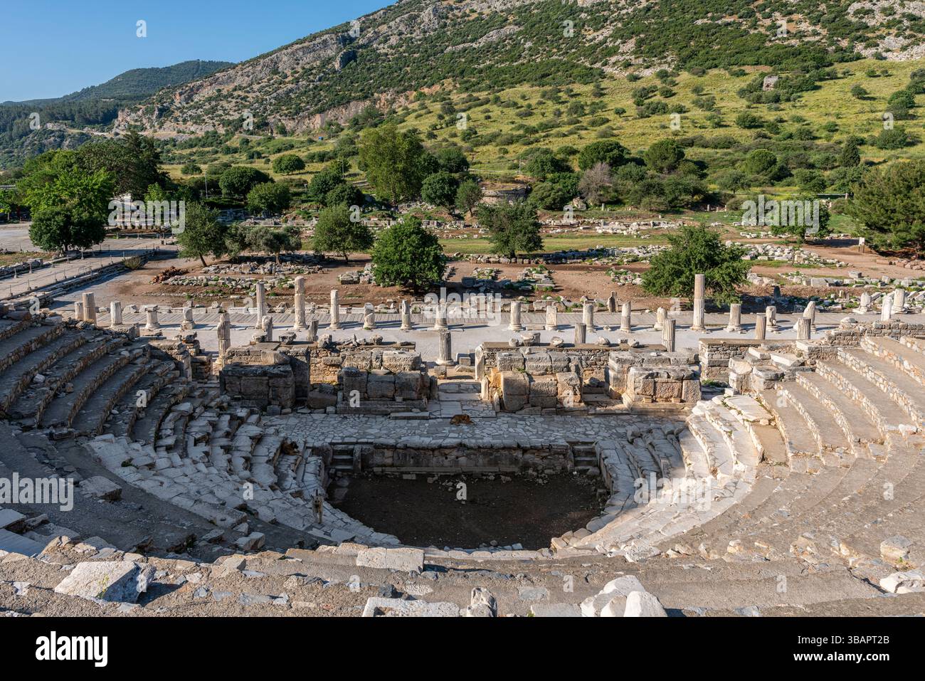 Antico Odeon a Efeso, struttura circolare con posti a sedere a più livelli, un tempo utilizzato per musica, politica e spettacoli in città. Foto Stock