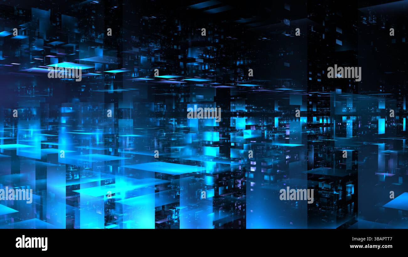 Digital Landscape presenta effetti luminosi blu brillanti e dati astratti forme geometriche fluttuanti in un ambiente buio, creando un senso di profondità e. Foto Stock