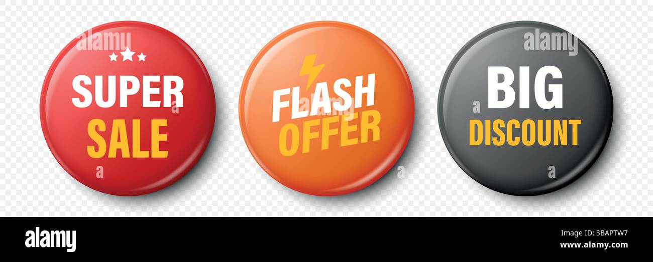 Set di pulsanti badge di sconto realistico 3d vettoriale. Super saldi, offerta Flash, testo di grande sconto sulle etichette di sconto lucide. Promozione, Marketing, sconto Illustrazione Vettoriale