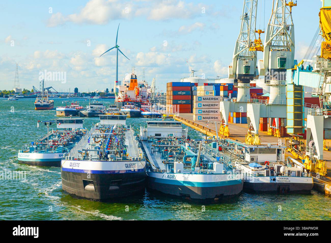 Porto marittimo di Anversa, Belgio, con navi fluviali ormeggiate al molo. Foto Stock