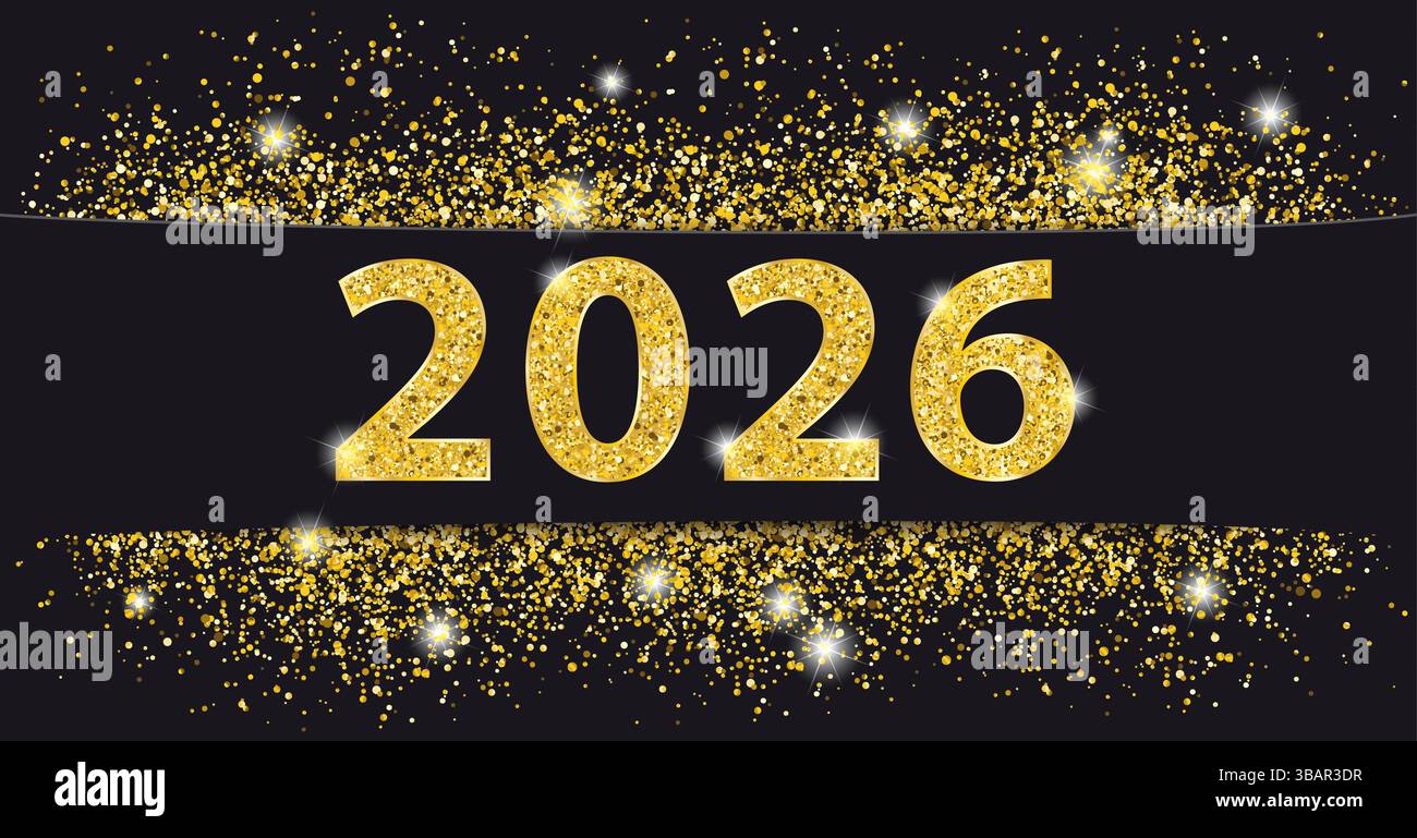 Striscione in carta nera Golden Sand 2026 striscione in carta nera con sabbia dorata e testo 2026. Foto Stock