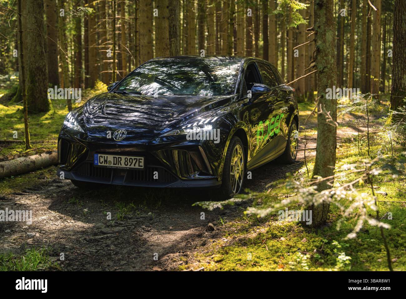 Auto nera nella foresta su un sentiero soleggiato all'ombra, Deer e- Carsharing, Calw, Foresta Nera, Germania, Europa Foto Stock