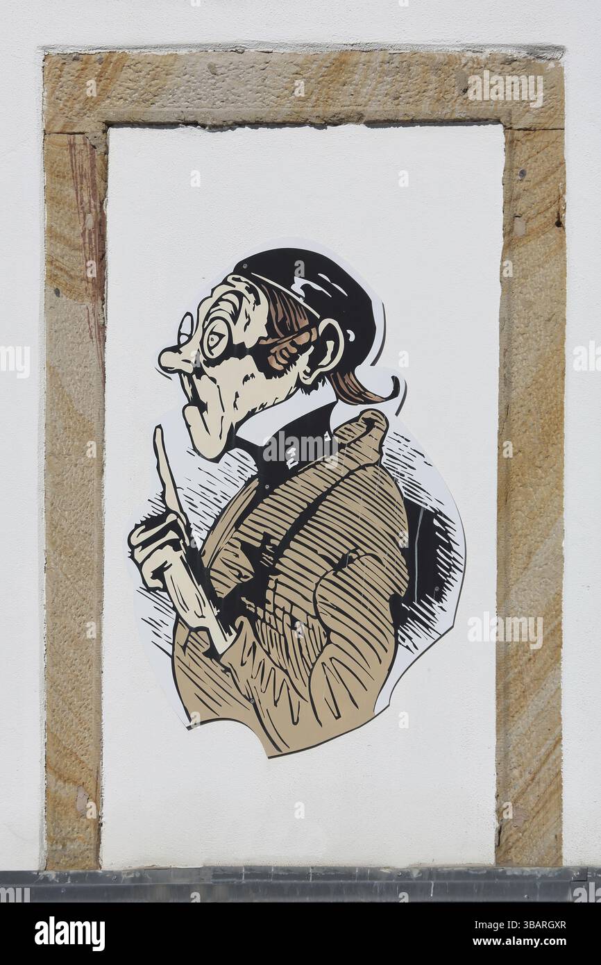 Murale con l'insegnante Laempel da storie per bambini di Max e Moritz di Wilhelm Bush, umorismo, commedia, dito puntato, pittura, Teacher Laempel Inn, Foto Stock