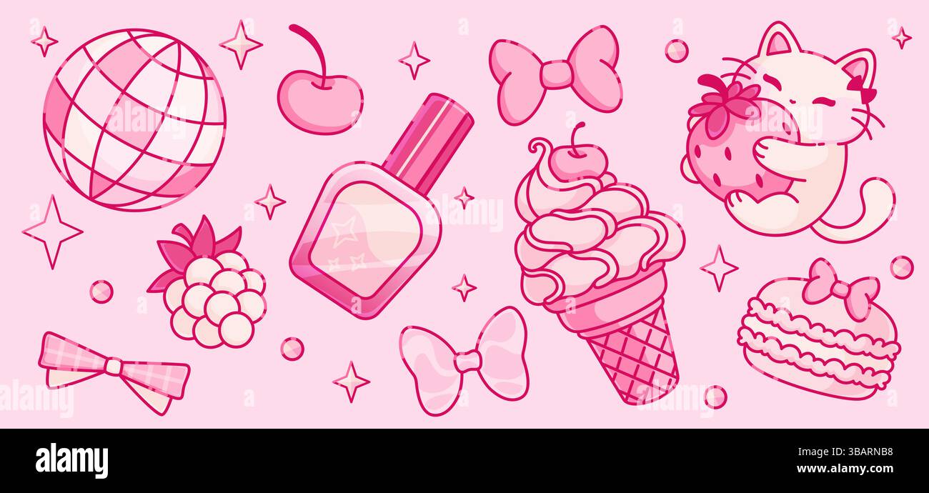 Set di adesivi Coquette Y2K con elementi femminili rosa - sfera da discoteca e ciliegio, bottiglia smalto per unghie e graziosi fiocchi per capelli, cono gelato e macaroon, k Illustrazione Vettoriale