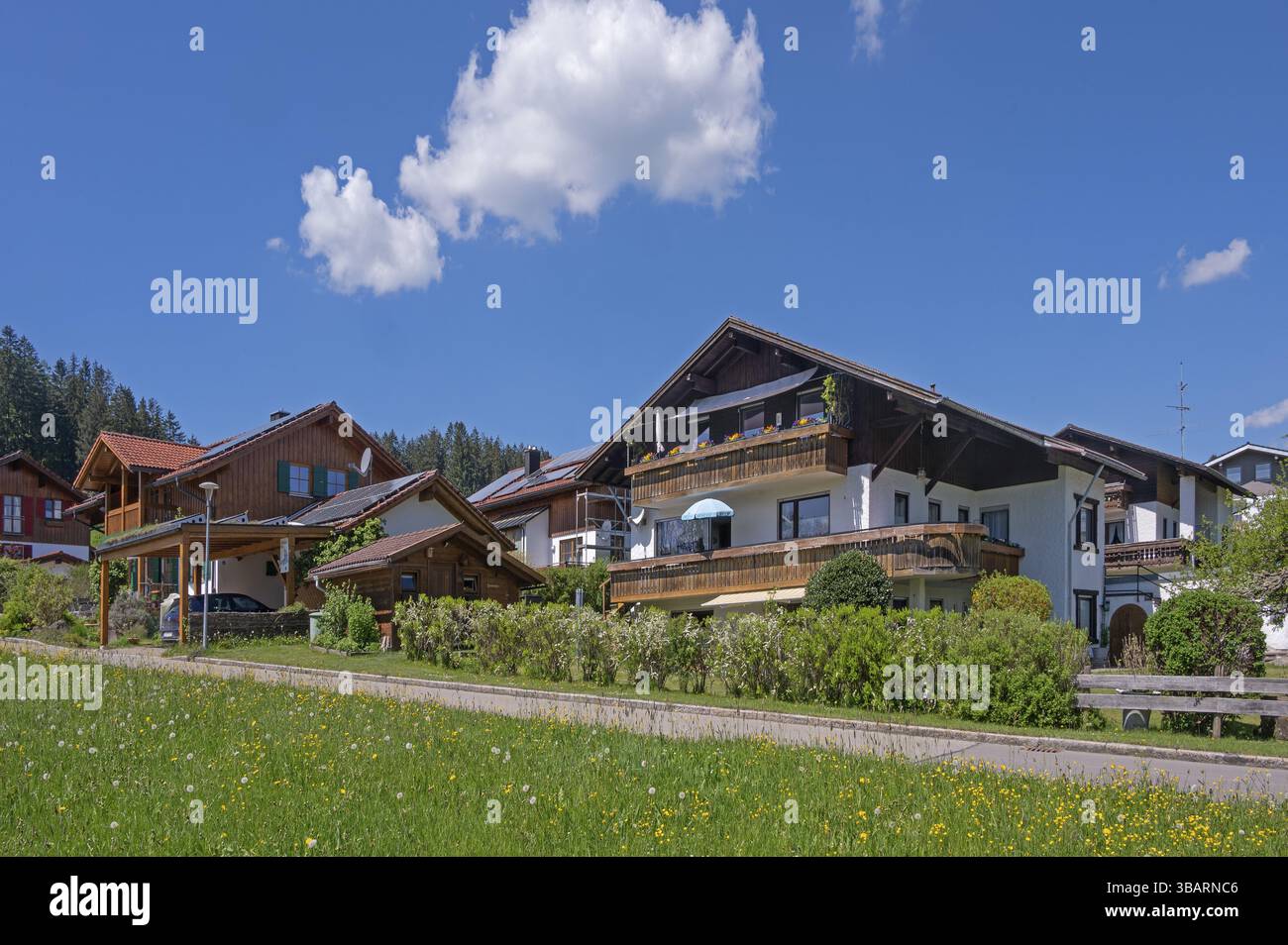 Nobili case di campagna a Eckarts vicino al lago Niedersonthofen, Allgaeu, Svevia, Baviera, Germania, Europa Foto Stock