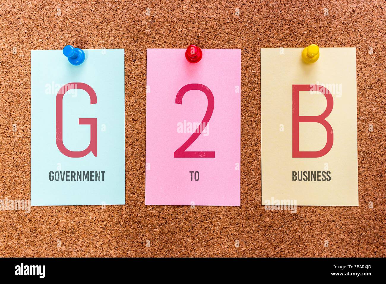 Parola chiave concettuale a 3 lettere G2B (Government to Business), su adesivi multicolore attaccati a un bordo di sughero. Foto Stock