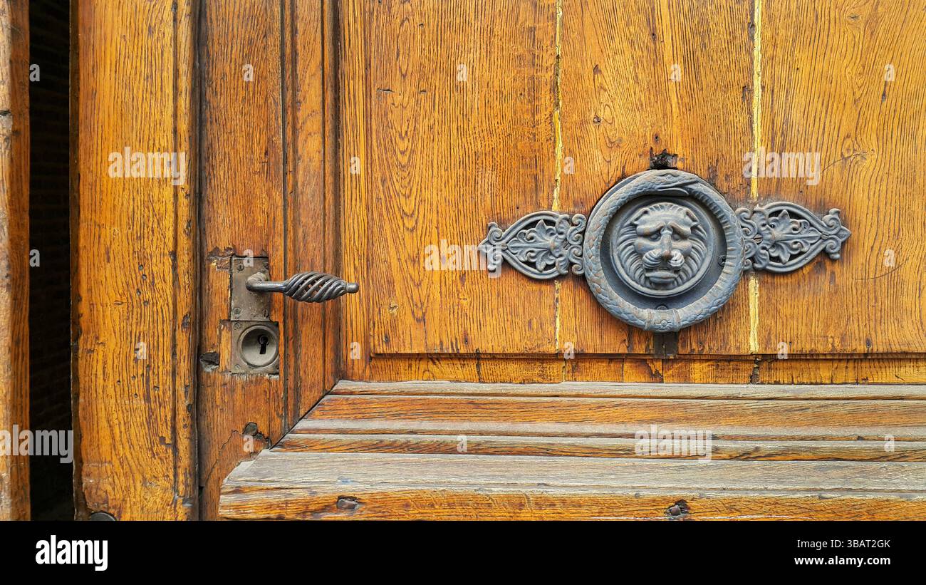 Porta in legno vintage con maniglia, buco a serratura e testa decorativa di leoni e anello serpente, Troyes, Francia Foto Stock