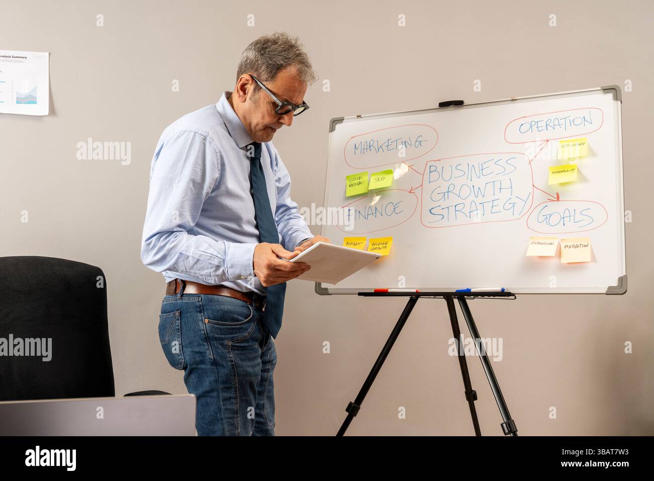Documenti di lettura dei dirigenti maturi davanti a una lavagna con un piano strategico di crescita aziendale. Concetto di riunione aziendale con pianificazione, finanza, AN Foto Stock