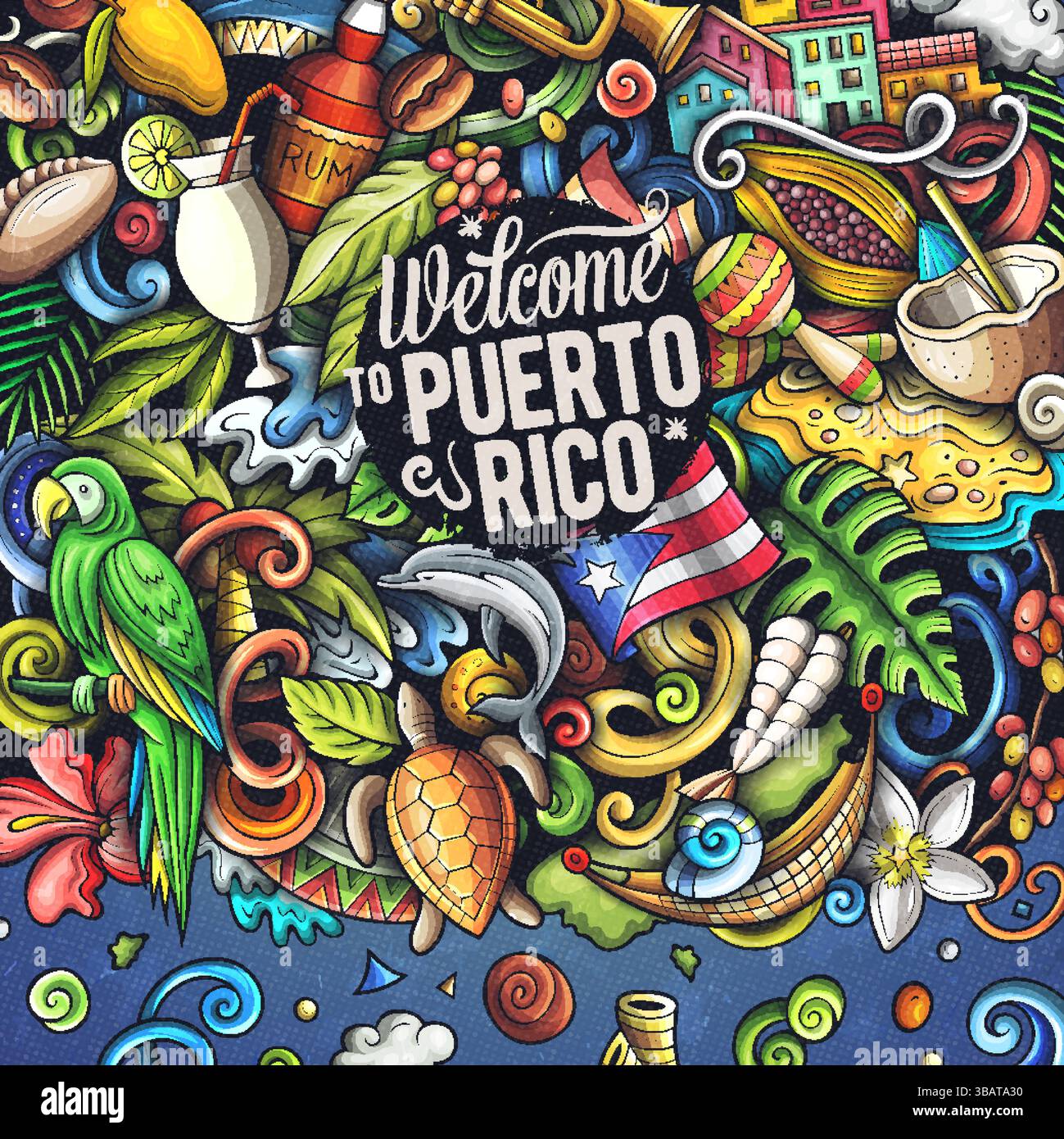 Porto Rico cartoon Doodle Border Illustrazione Vettoriale