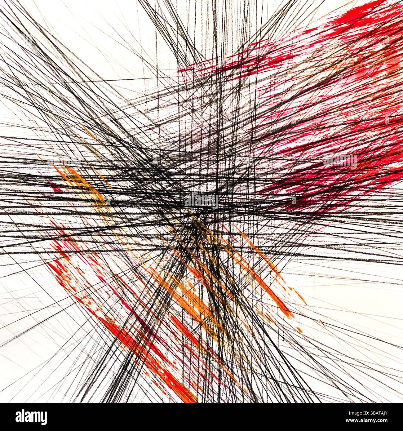 Disegno astratto della linea nera con aggiunte di vernice rossa e arancione. Foto Stock