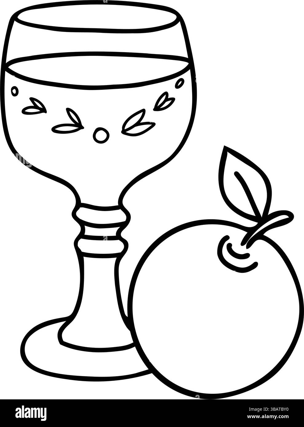 Composizione di sidro di mele. Elegante bicchiere di vino romano con motivi decorativi a foglia e frutta di mela. Illustrazione vettoriale semplice e minimalista nella Illustrazione Vettoriale