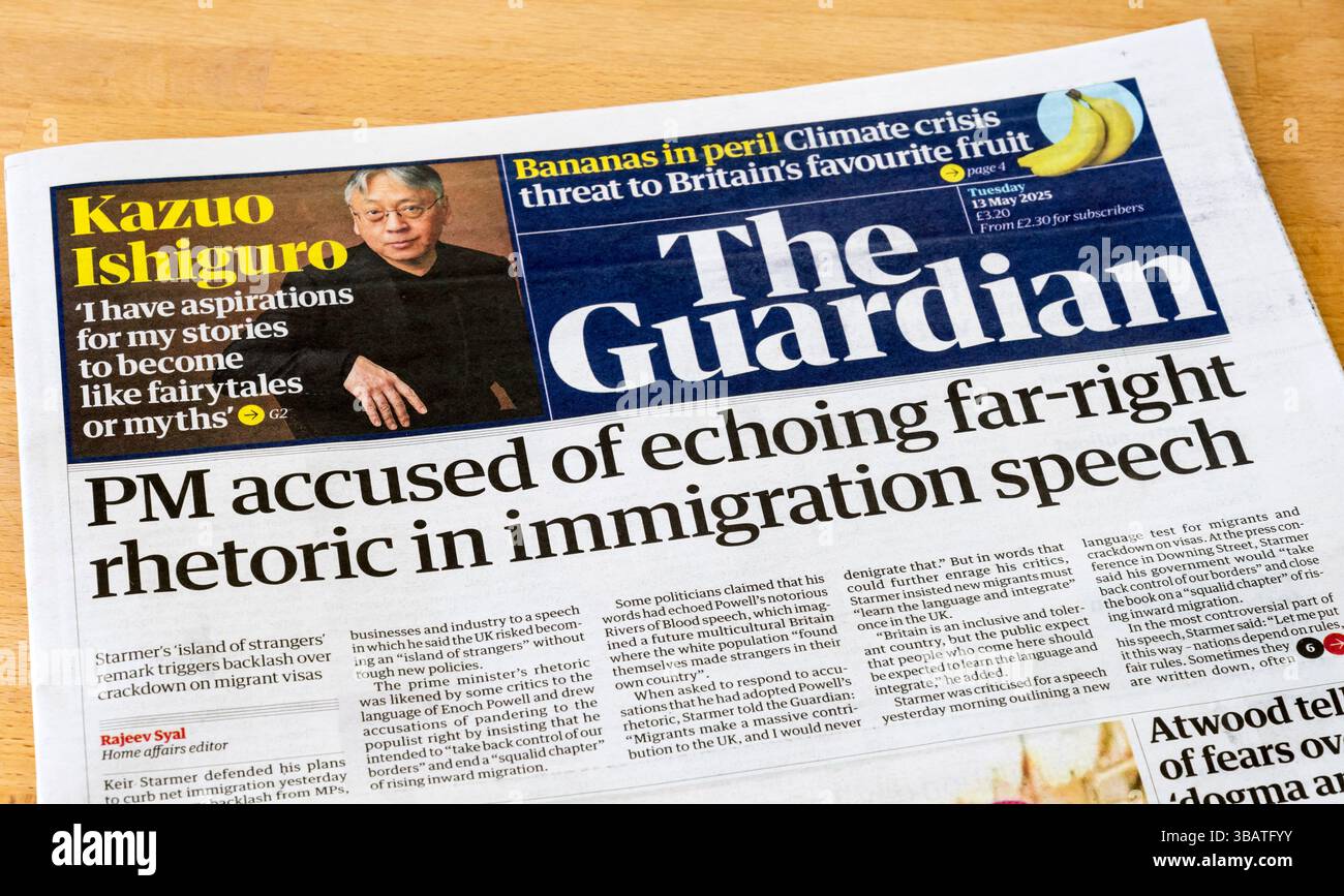 13 maggio 2025. Il primo titolo in prima pagina del Guardian è accusato di riecheggiare la retorica di estrema destra nel discorso sull'immigrazione. Foto Stock