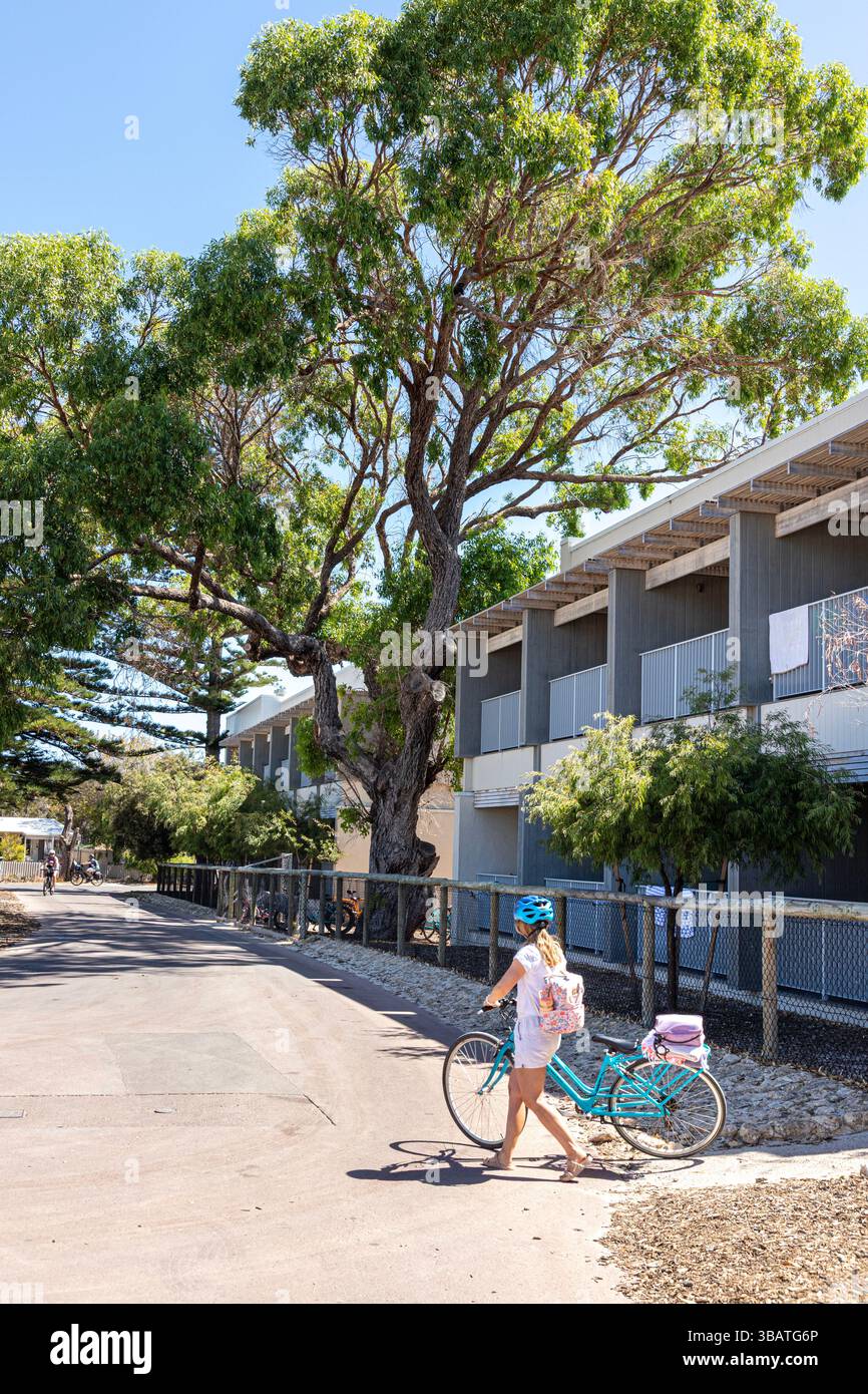 Un giovane ciclista e una sistemazione turistica sull'isola di Rottnest, (Wadjemup) Western Australia, WA, Australia. Foto Stock