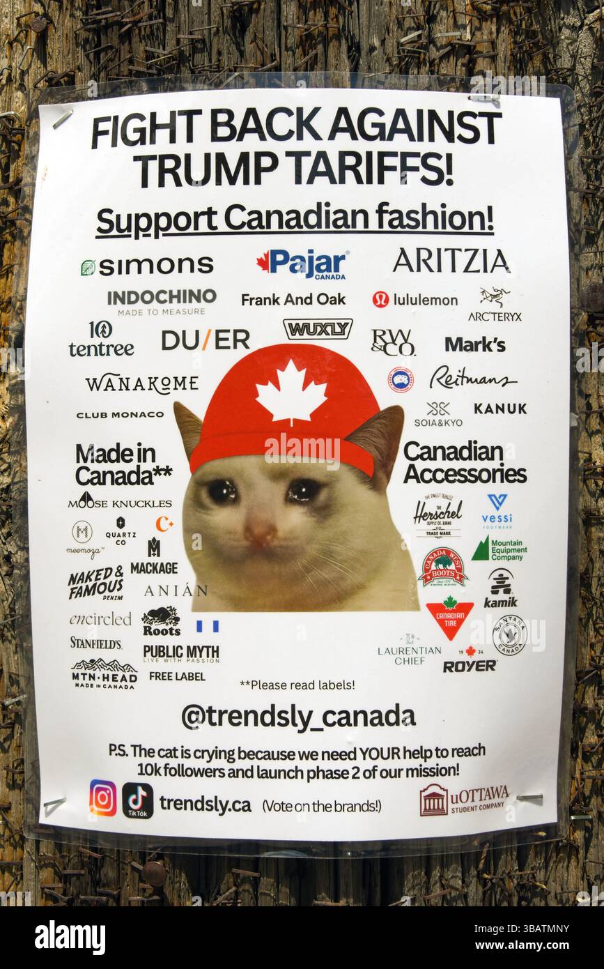 Ottawa, Canada - 10 maggio 2025: Firma per sostenere la moda canadese a Ottawa, Canada durante l'attuale guerra commerciale a causa delle tariffe e delle minacce di Trump Foto Stock