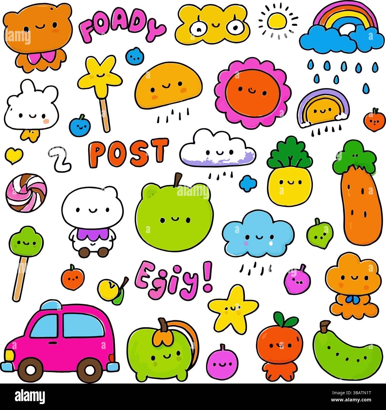 Carine icone di Kawaii Doodle colorate illustrazioni e personaggi disegnati a mano Illustrazione Vettoriale