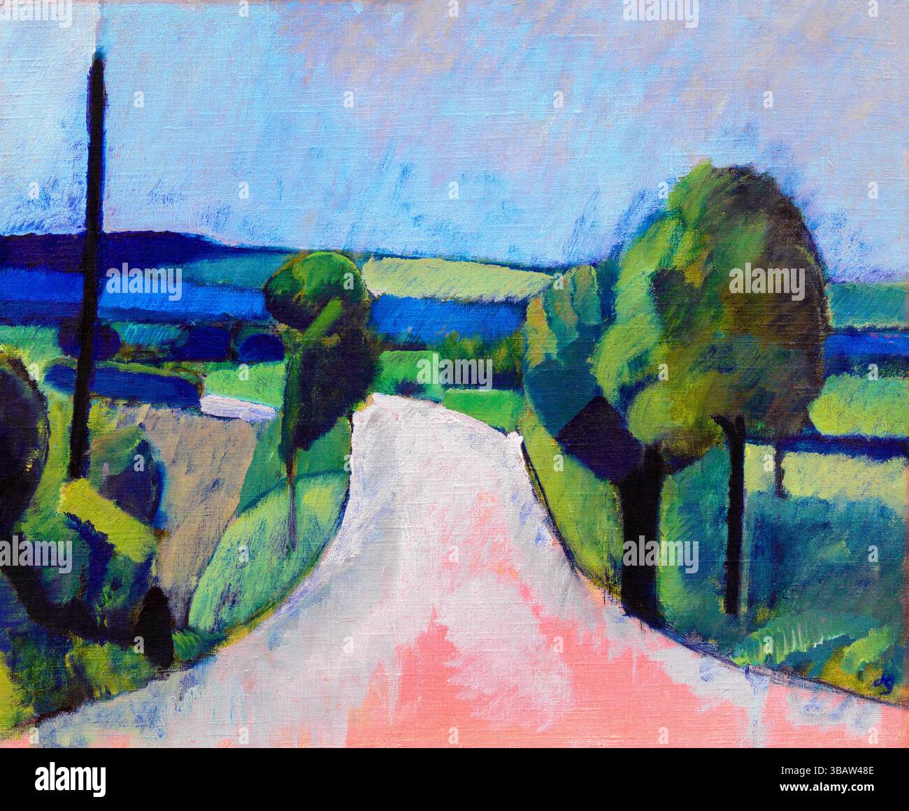 Dipinto ad olio del '1920 di Harald Giersing, raffigurante una tranquilla strada di campagna danese sull'isola di Funen. Con pennellate espressive, verdi tenui ed ea Foto Stock
