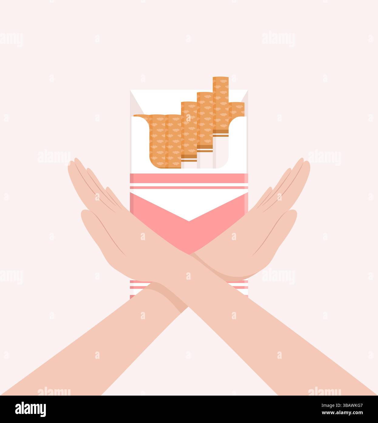 Due mani incrociate in un gesto di rifiuto o di arresto davanti a un pacchetto aperto di sigarette. Illustrazione vettoriale piatta Illustrazione Vettoriale