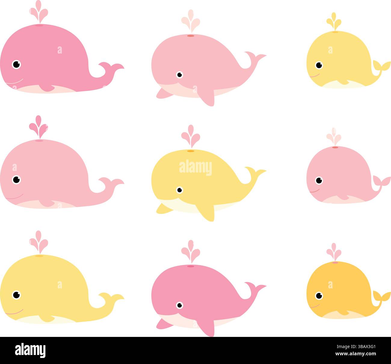 Una serie di graziose balene nei colori rosa e giallo Illustrazione Vettoriale