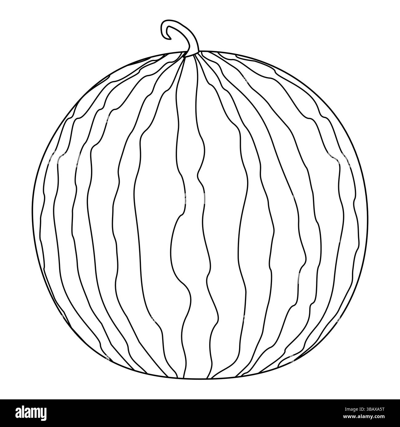 Pagina da colorare con vettore di contorno che disegna l'anguria rotonda a strisce tropicali. Appetitosa bacca estiva. Per intrattenere i bambini, d'estate, d Illustrazione Vettoriale