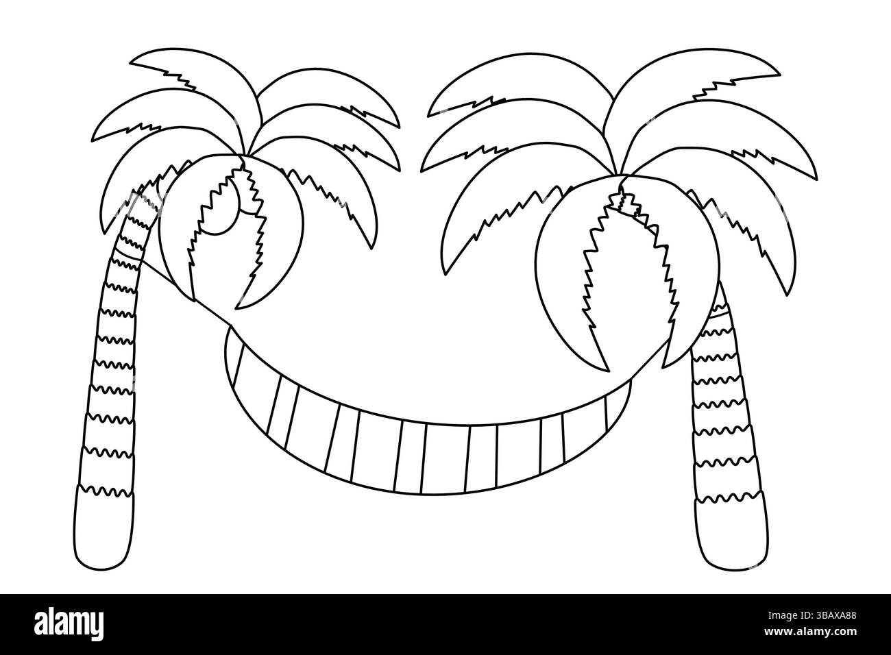 Pagina da colorare con disegno estivo di palme tropicali con noci di cocco e amaca a righe. Palma da cocco sulla spiaggia. Ideale per il divertimento Illustrazione Vettoriale