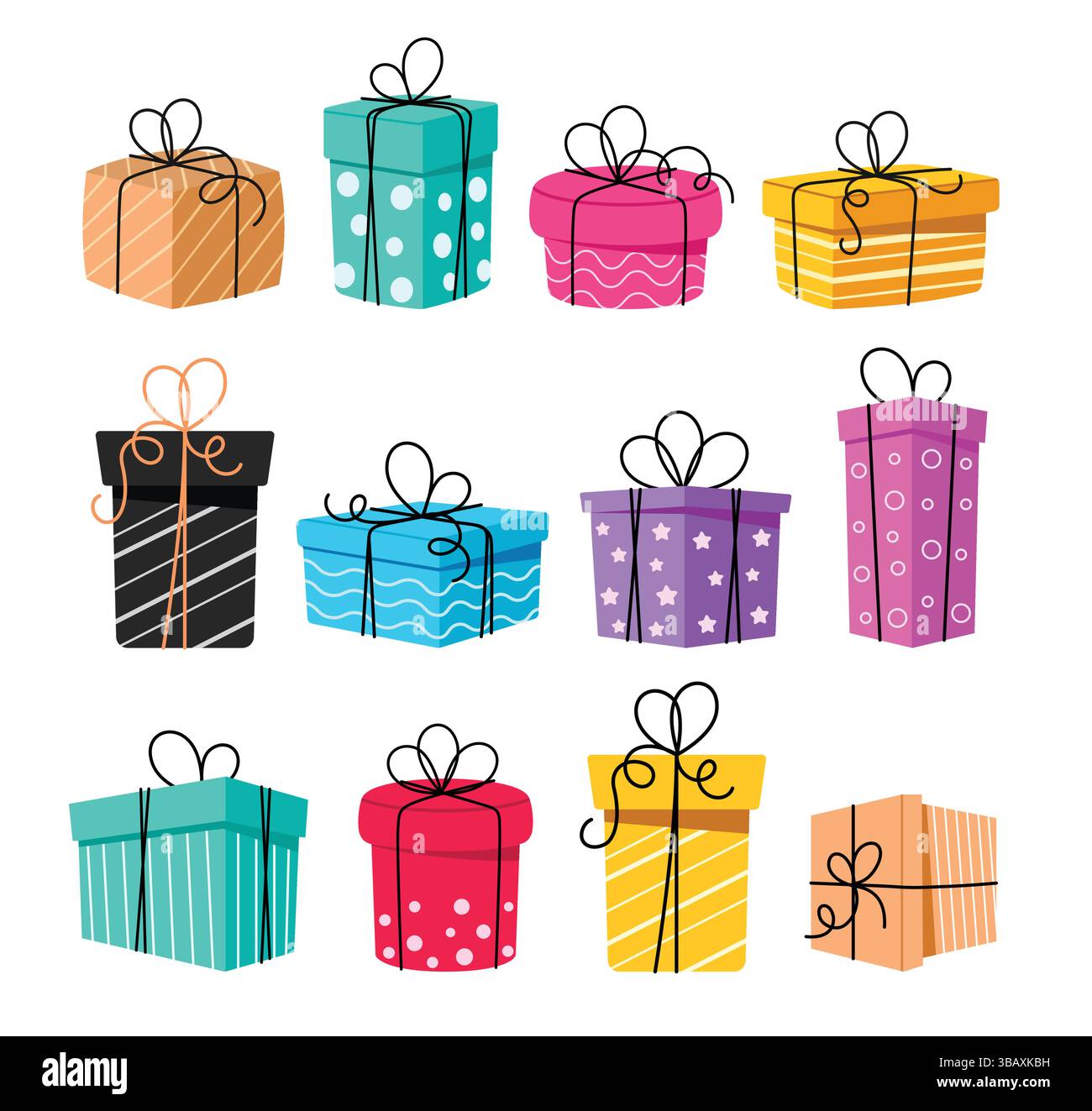 Set di ritagli elementi della confezione regalo. Confezione regalo colorata con clip art e fiocco nero per feste come compleanno e anniversario Illustrazione Vettoriale