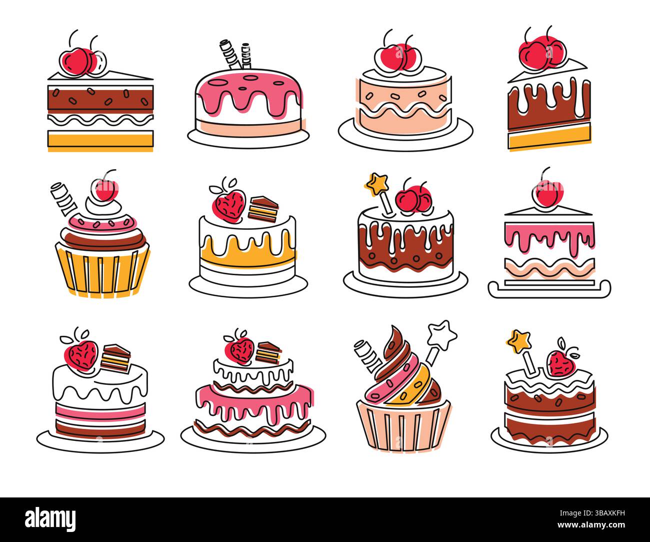 Set clipart contorno torta di compleanno. Colorato disegno cupcake icona clip art collezione per compleanno, anniversario e festa di nozze dolce dessert Illustrazione Vettoriale