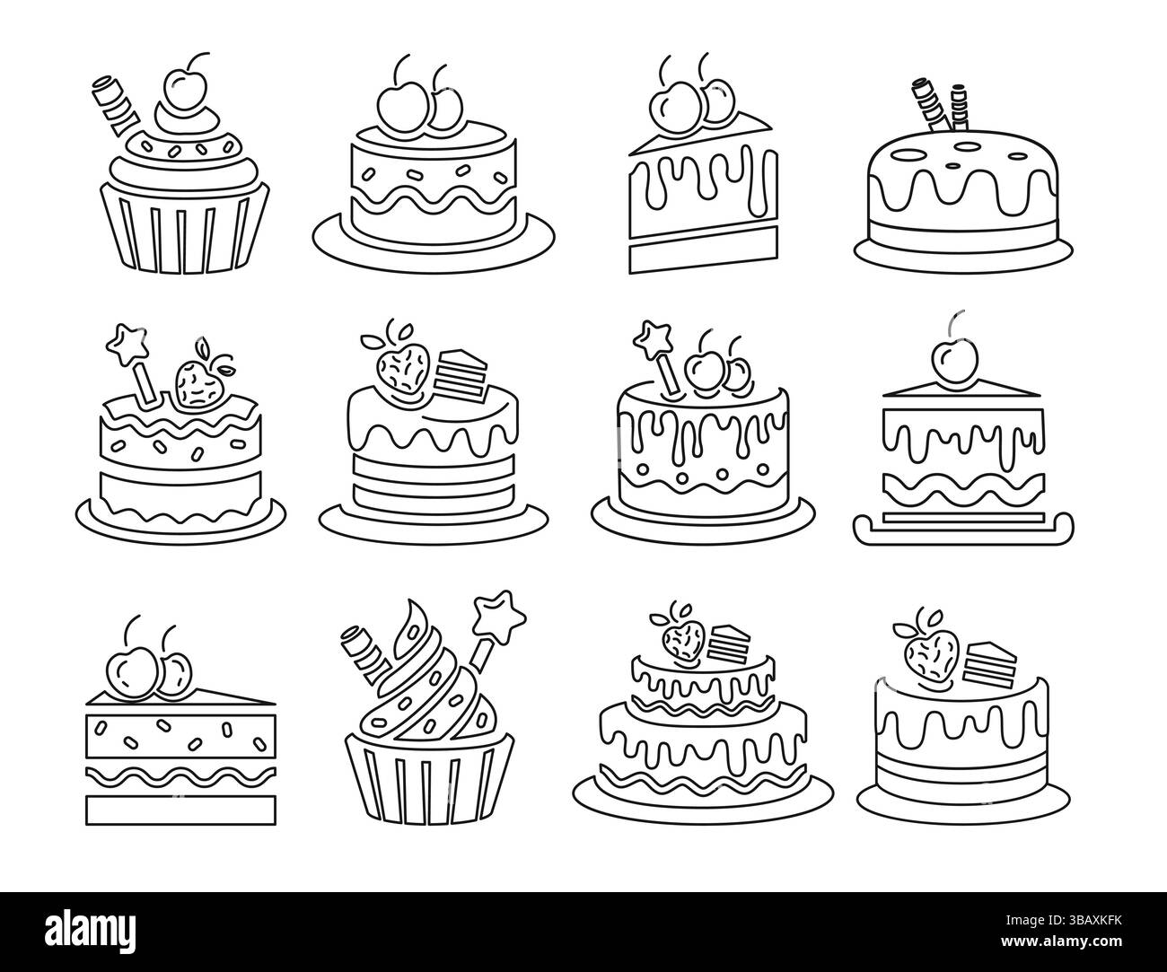 Set clipart contorno torta di compleanno. Elementi icona cupcake clip art Collection per feste di nascita, anniversario e dessert per matrimoni disegnati a mano Illustrazione Vettoriale