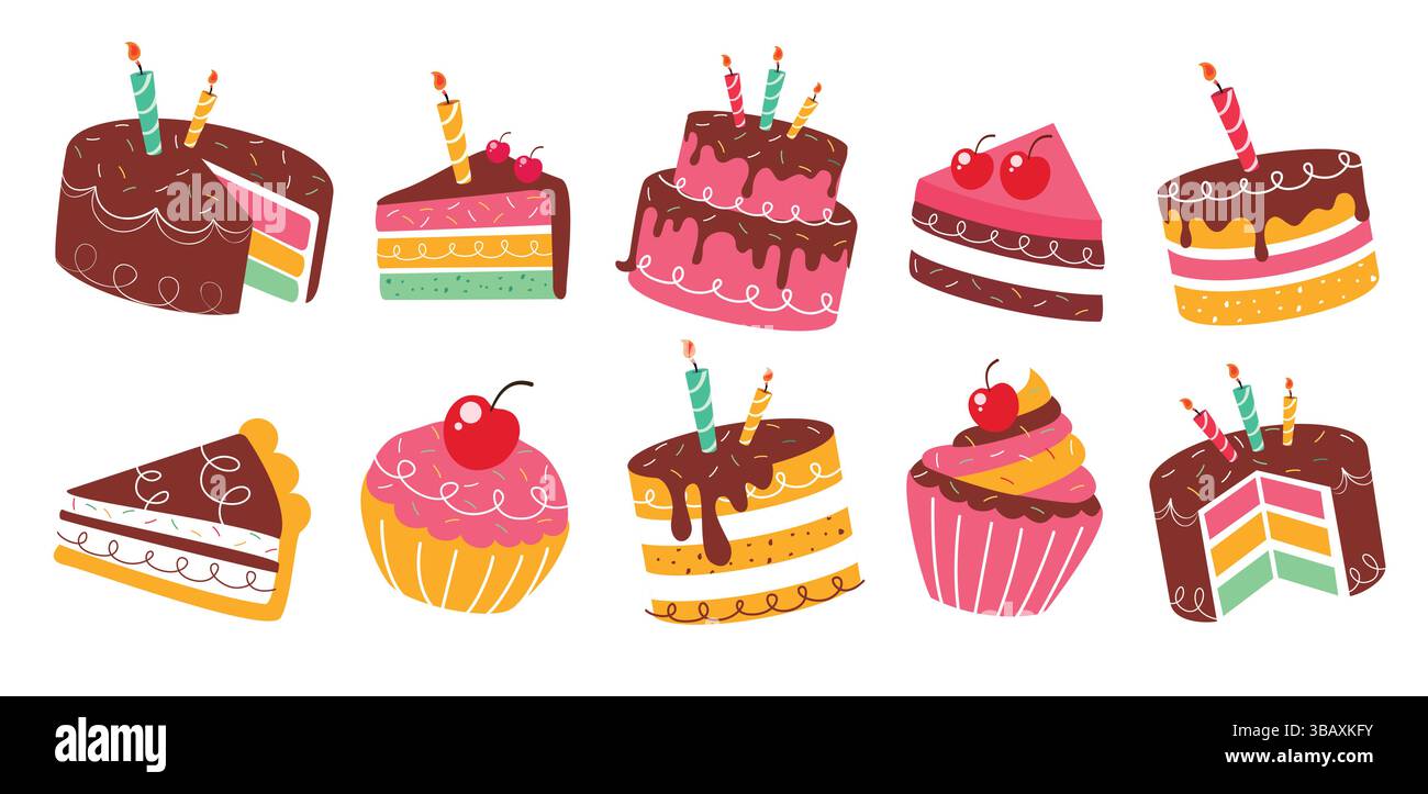 Set clipart elementi torta di compleanno. Cupcake con cioccolato e fragola per feste di compleanno, clip art Collection fetta e intera Illustrazione Vettoriale