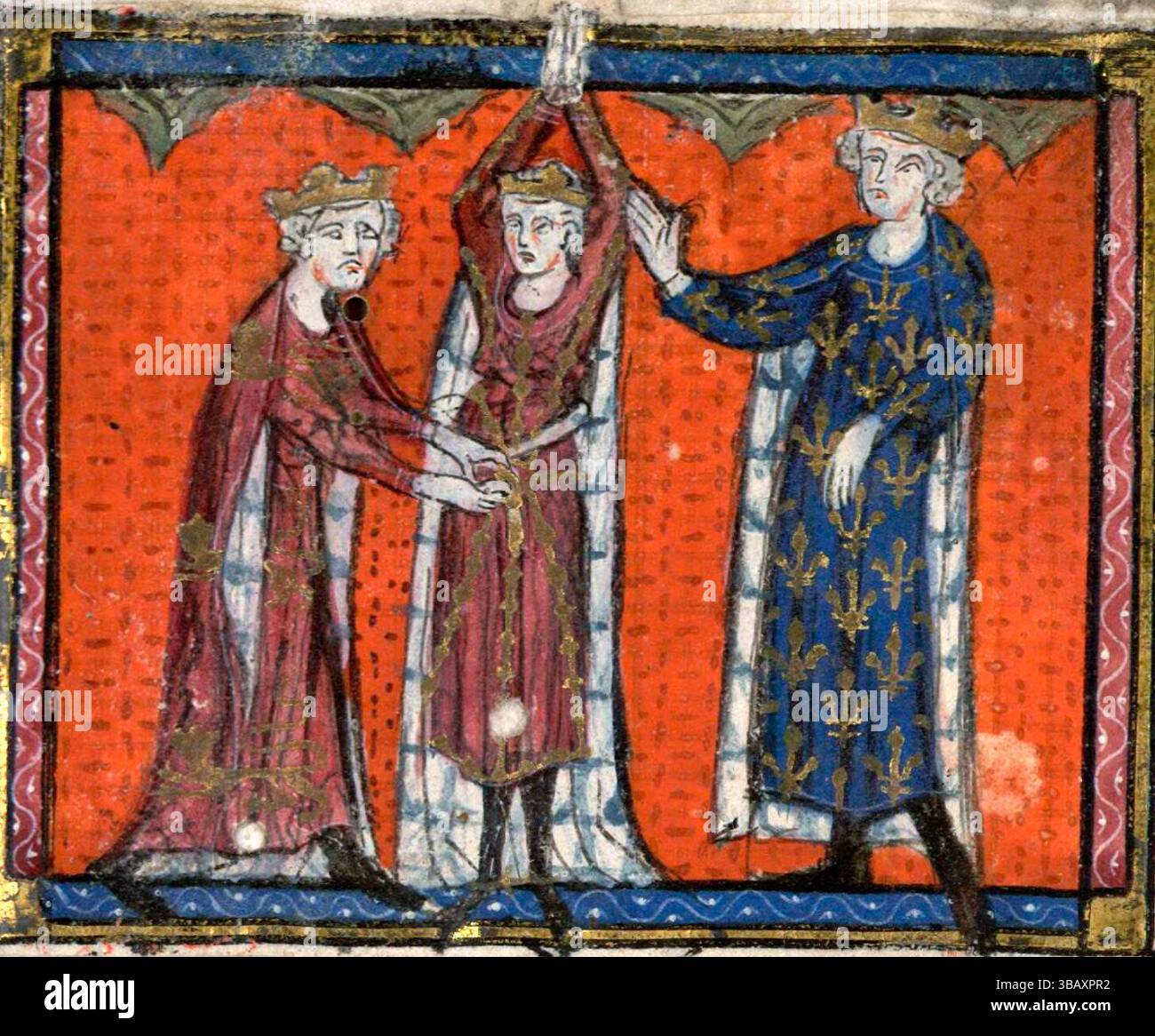 Cerimonia di cavaliere di Luigi X (centro), con Edoardo II a sinistra e Filippo IV a destra Foto Stock