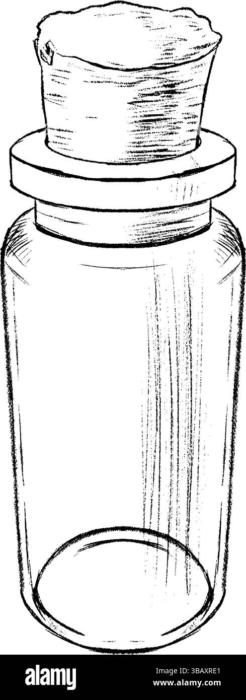 Una splendida bottiglia in vetro vintagestyle progettata con tappo in sughero, perfetta per rimedi a base di erbe o uso decorativo. Grafica vettoriale disegnata a mano, grafica in bianco e nero isolata su sfondo bianco. Illustrazione Vettoriale