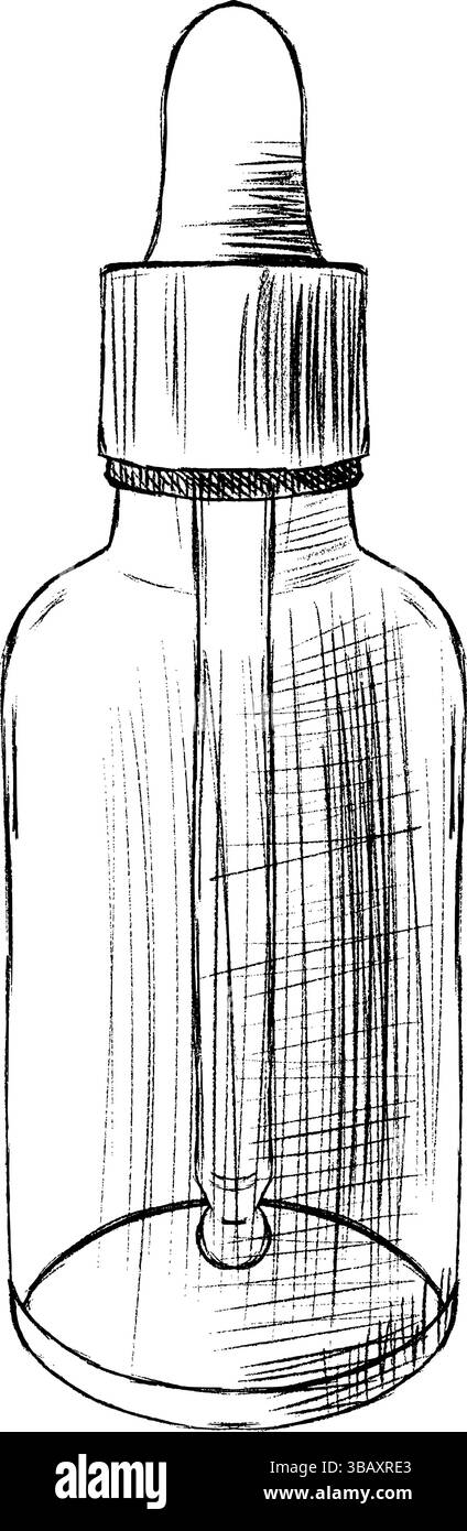 Si tratta di un elegante flacone contagocce in vetro trasparente, perfetto per conservare prodotti di bellezza come oli e sieri. Grafica vettoriale disegnata a mano, grafica in bianco e nero isolata su sfondo bianco. Illustrazione Vettoriale