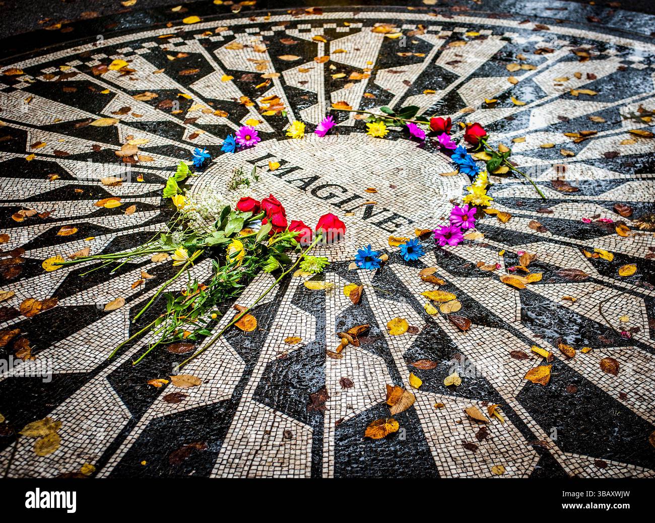 Immagina un mosaico a Strawberry Fields, Central Park, adornato con fiori vivaci il giorno del compleanno di John Lennon, il 9 ottobre 2017. Un tributo di colore e pace Foto Stock