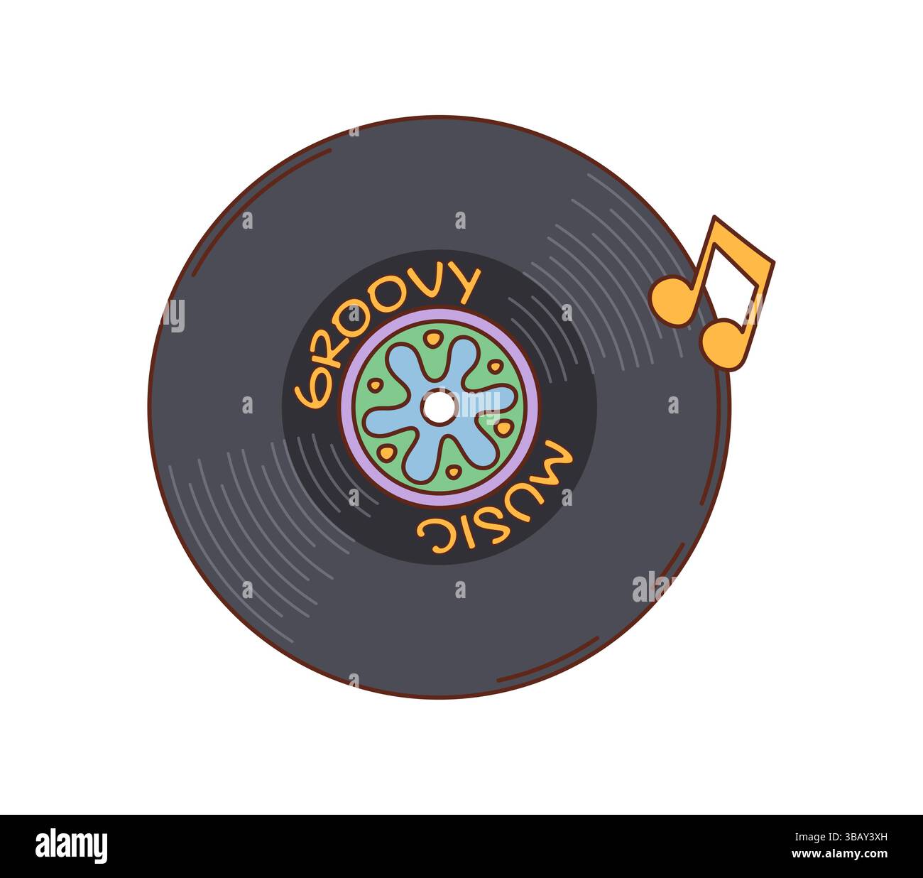 Cartoon Groovy vinile con etichetta e nota musicale. Vector retro Disc, dispositivo audio classico che simboleggia le atmosfere musicali nostalgiche, il suono analogico, l'energia funky e il ritmo vintage per le feste in discoteca y2k Illustrazione Vettoriale