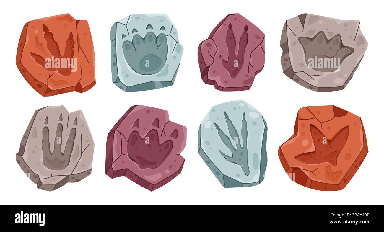 Archeologia dei dinosauri impronte fossili. Serie vettoriale isolata di antiche impronte di zampe di animali dino, impronta del piede rettile in pezzi di pietra. Cartoon reperti archeologici e paleontologici dell'era giurassica Illustrazione Vettoriale