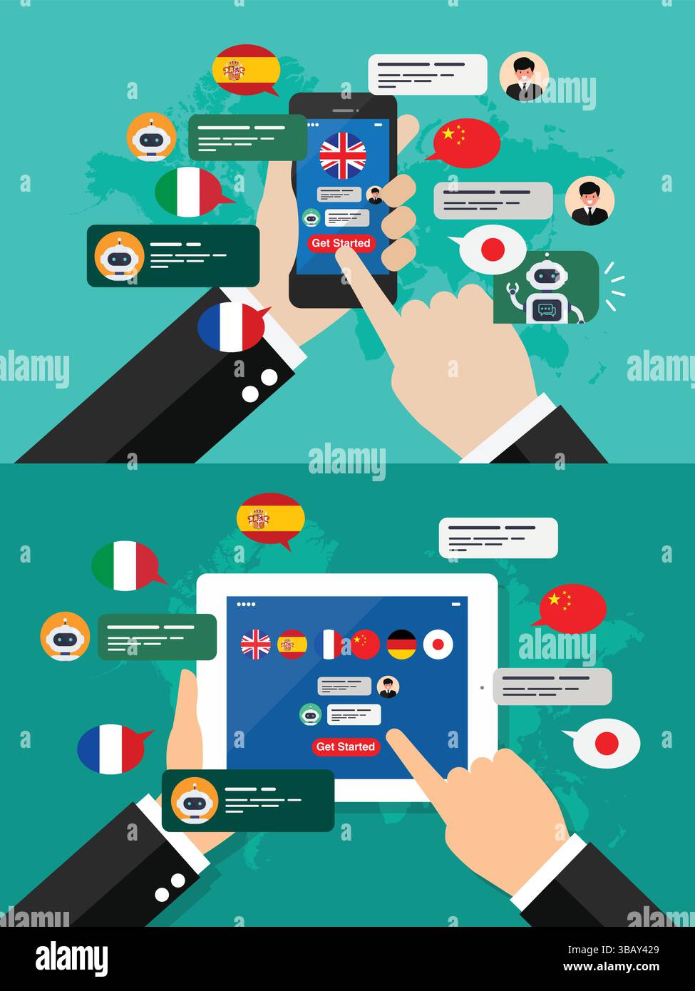 Apprendimento di diverse lingue straniere tramite smartphone o tablet. Illustrazione del concetto di apprendimento multilingue. Illustrazione vettoriale Illustrazione Vettoriale