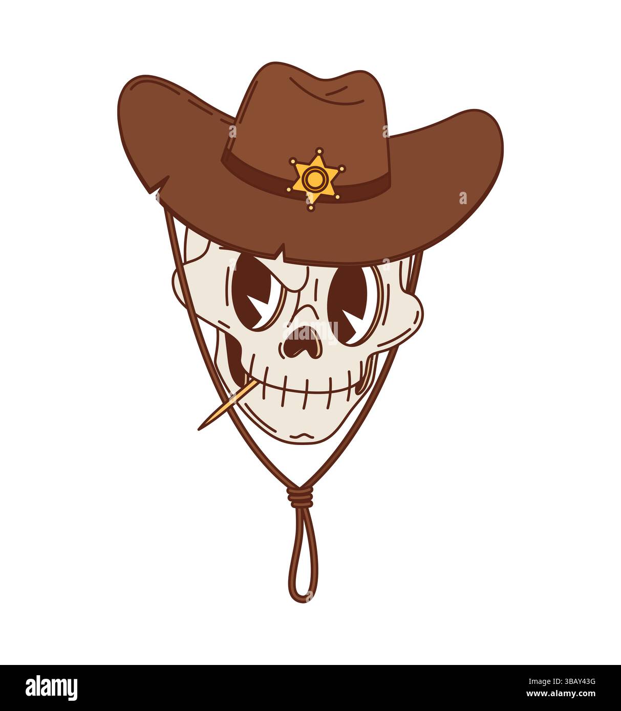Teschio di cowboy selvaggio West cartoni animati, personaggio occidentale con un cappello marrone adornato da un distintivo dello sceriffo. Cranio umano vettoriale isolato y2k con occhi vuoti arrabbiati e tiene uno stuzzicadenti in bocca Illustrazione Vettoriale