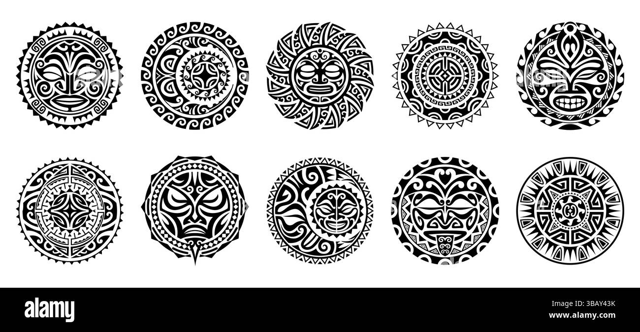 Tatuaggio Maori tribale. Set vettoriale di culti circolari indigeni con motivi polinesiani tradizionali e motivi etnici del viso come soli ornamentali, volti di guerrieri e forme geometriche astratte Illustrazione Vettoriale