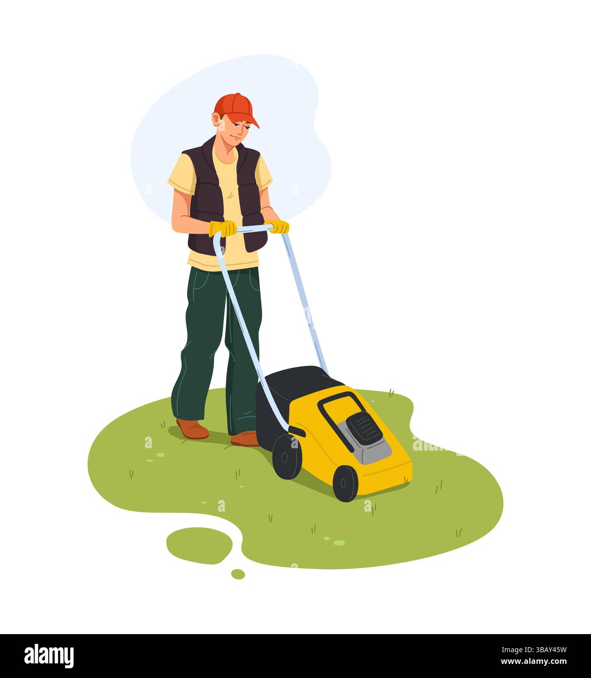 Agricoltore giardiniere e lavoratore che spinge un tosaerba sul campo di erba verde, indossato con guanti e un berretto abbigliamento da lavoro casual, che rappresenta attività di giardinaggio, architettura paesaggistica o manutenzione all'aperto Illustrazione Vettoriale