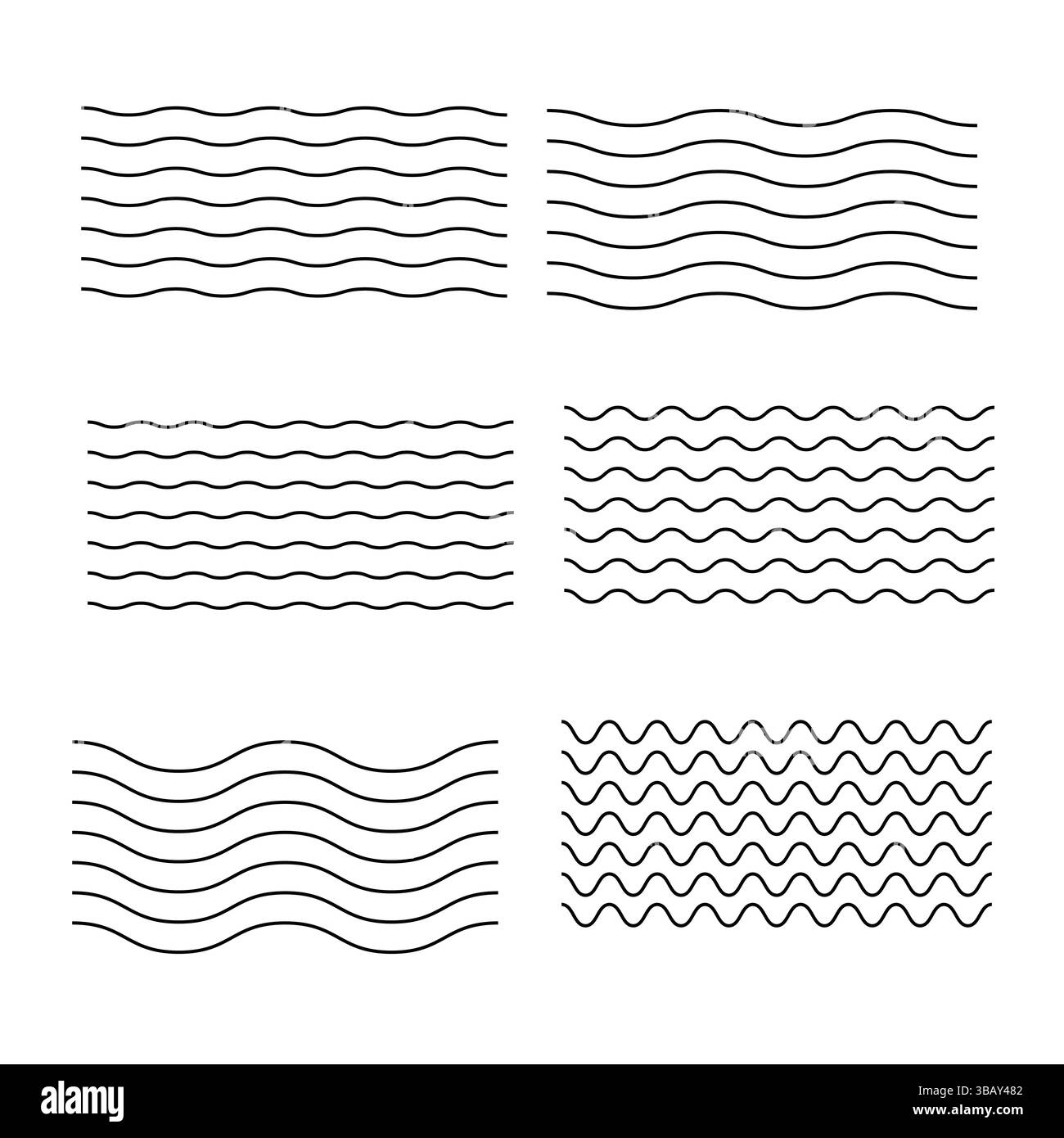 Onda d'acqua orizzontale lineare. Profilo sinusoidale ondulato divisorio orizzontale, strisce ondulate e lisce linee curve. Serie di forme d'onda isolate dal vettore. Illustrazione Vettoriale