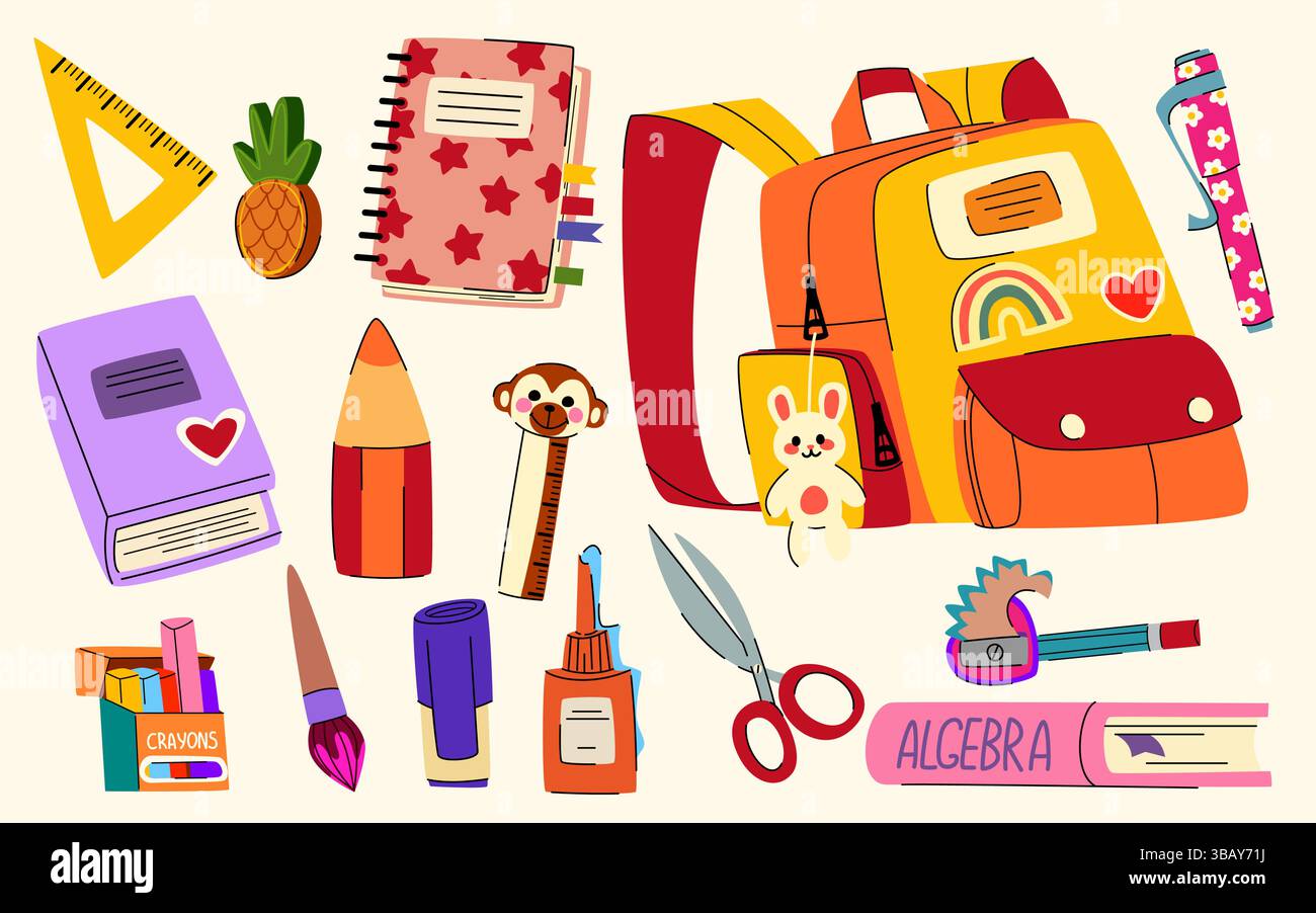 Confezione di adesivi per cancelleria scolastica - cartoni animati carini con zaino e notebook, matita e righello, pastello e forbici. Set divertente e colorato per bambini, strumenti di apprendimento, organizzatori isolati su sfondo beige. Illustrazione Vettoriale