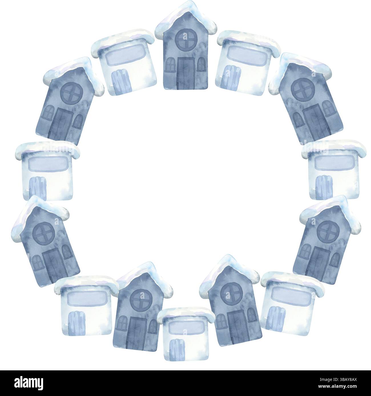Corona di case semplici in tonalità blu con acquerelli Foto Stock