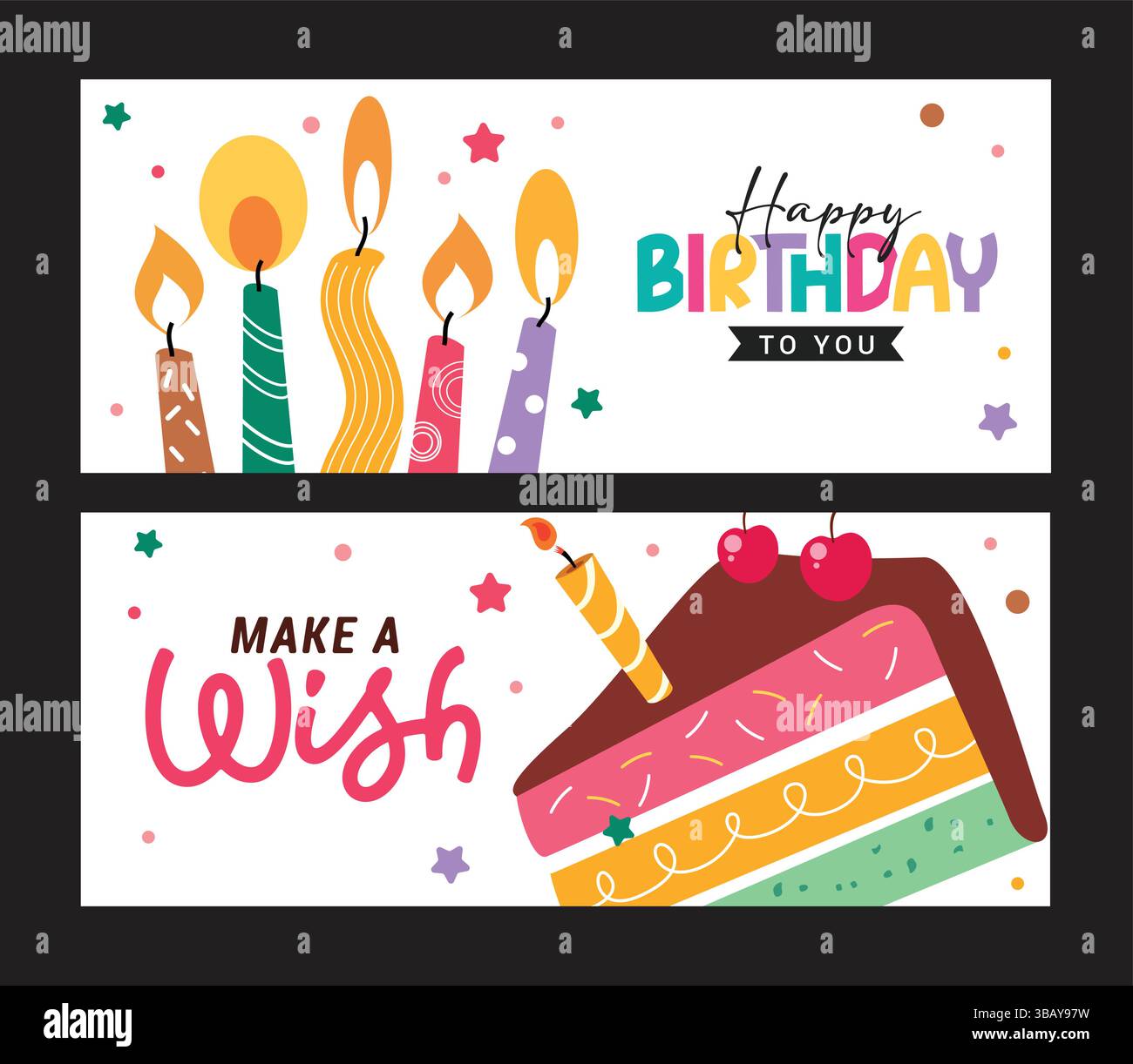Set di banner clipart per auguri di buon compleanno. Auguri di buon compleanno con candele colorate ed elementi per torte, collezione di clip art in bianco astratto Illustrazione Vettoriale