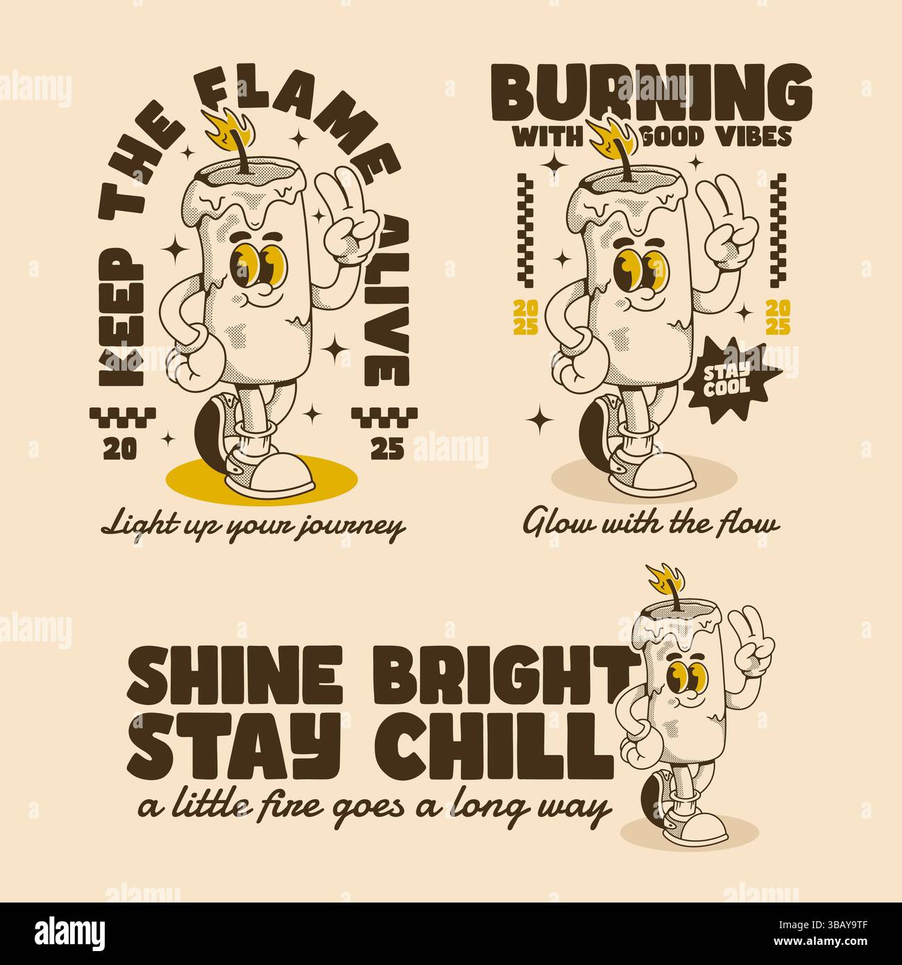 Collezione di affascinanti illustrazioni di personaggi di candele con slogan ispiratori e giocosi per l'abbigliamento Illustrazione Vettoriale