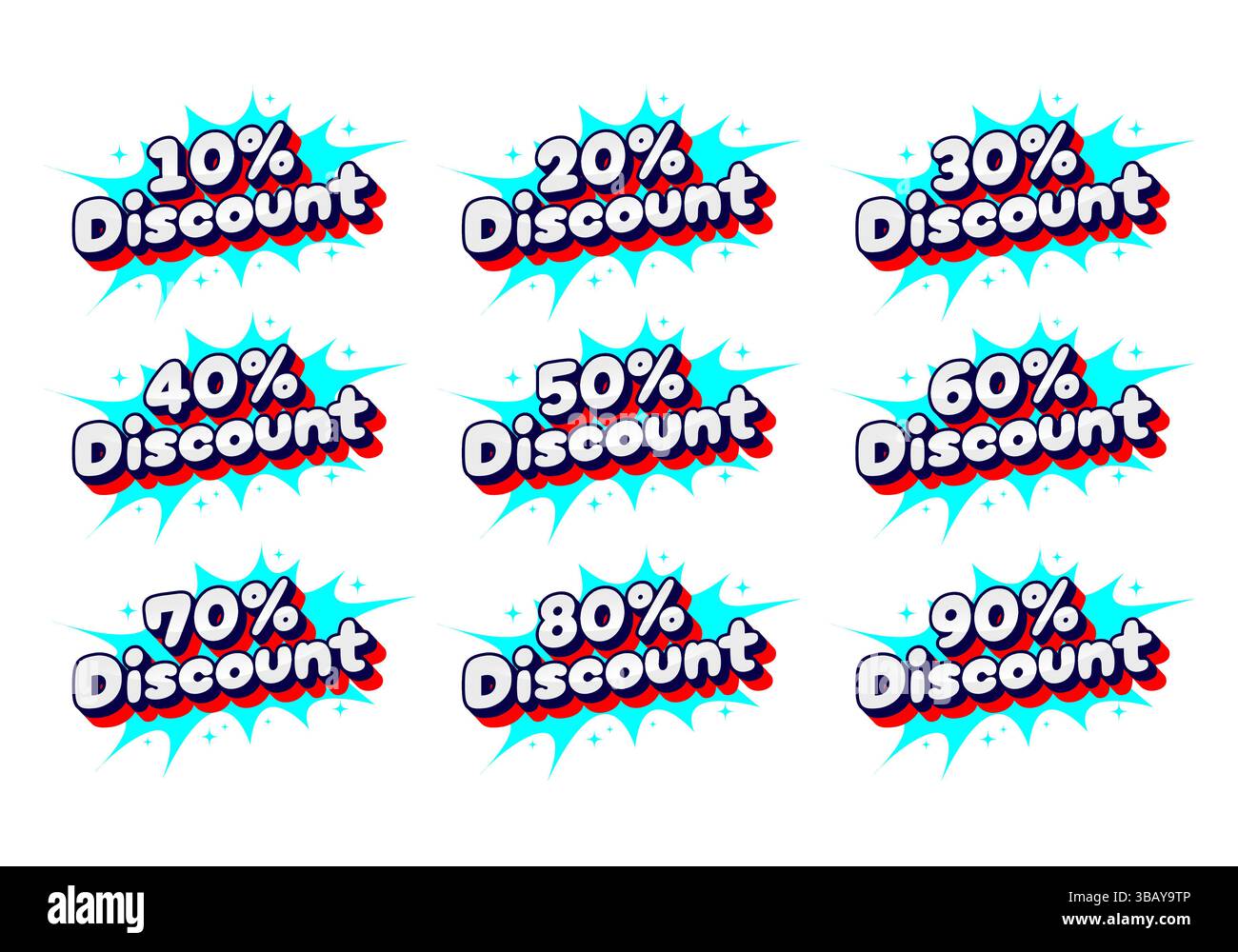 Pacchetto di design di testo scontati dal 10% al 90% in stile pop art divertente, perfetto per vendite in negozio, banner, poster e promozioni online Illustrazione Vettoriale