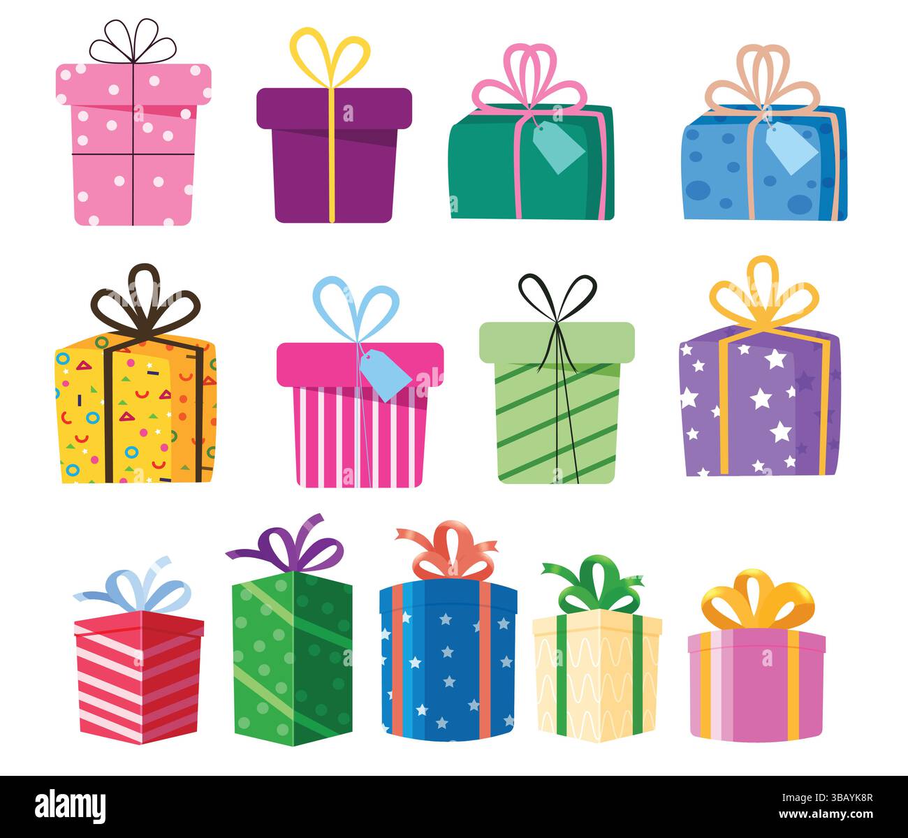 Set di appunti con icone della scatola regalo colorata. Confezione regalo con clip art a elementi piatti con nastro colorato e una collezione a sorpresa per il compleanno con design piatto stampato Illustrazione Vettoriale