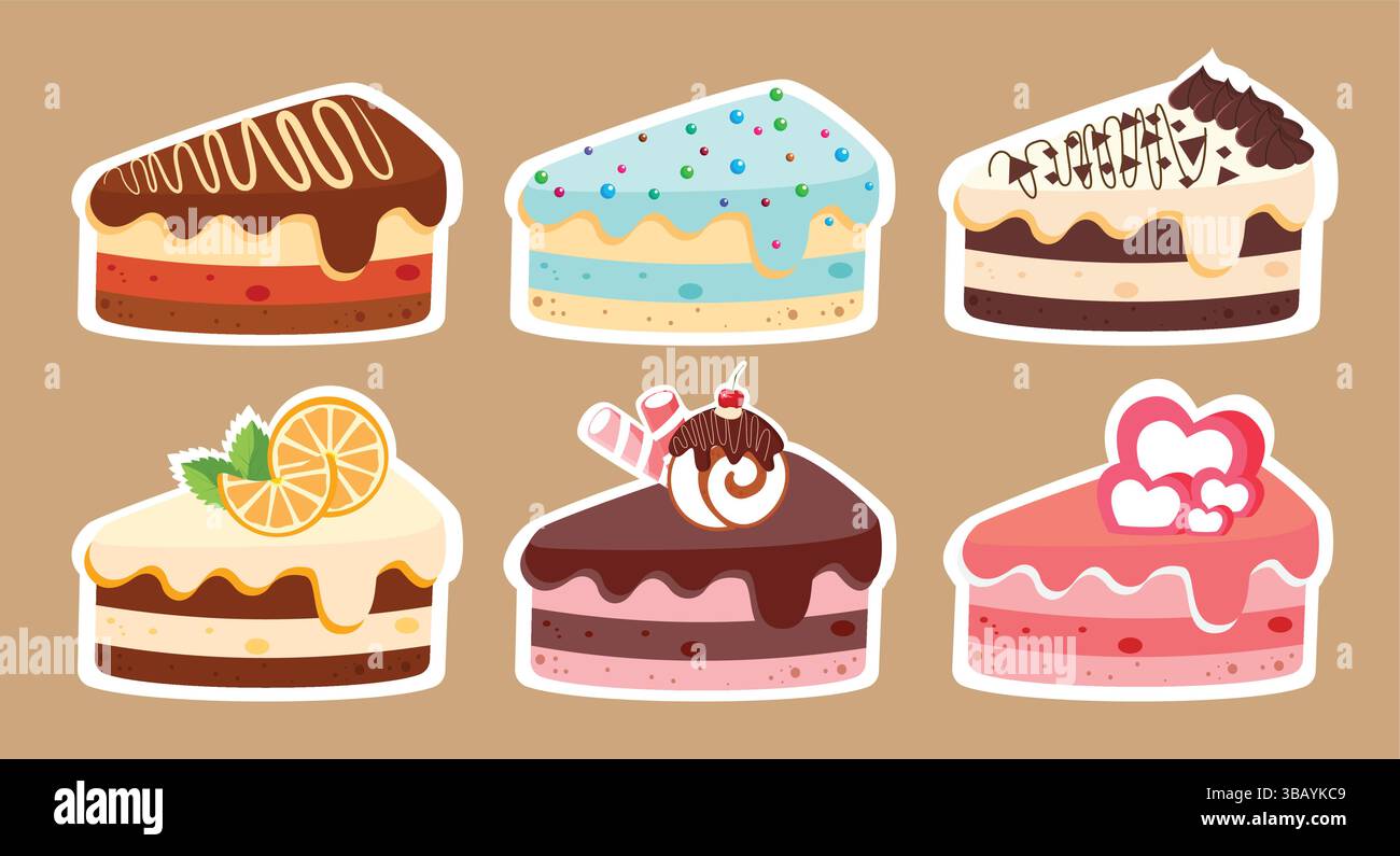 Set di adesivi per torte di compleanno. Collezione di adesivi per dolci dolci e dolci da dessert con condimenti deliziosi e deliziosi Illustrazione Vettoriale